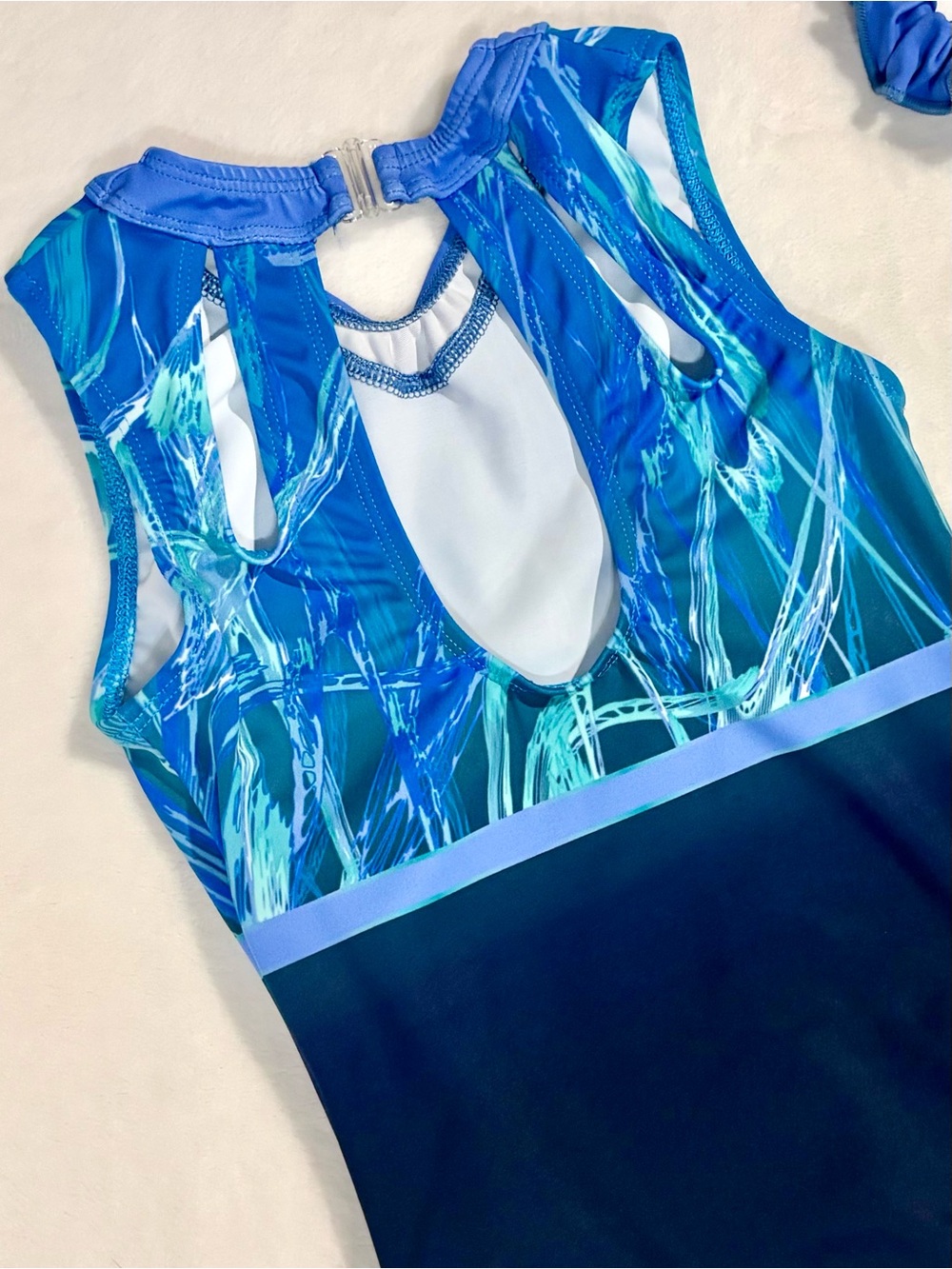GK Jordan Chiles Performance Leotard Blue Rhinestone CM With Matching Scrunchie - Picture 8 of 11